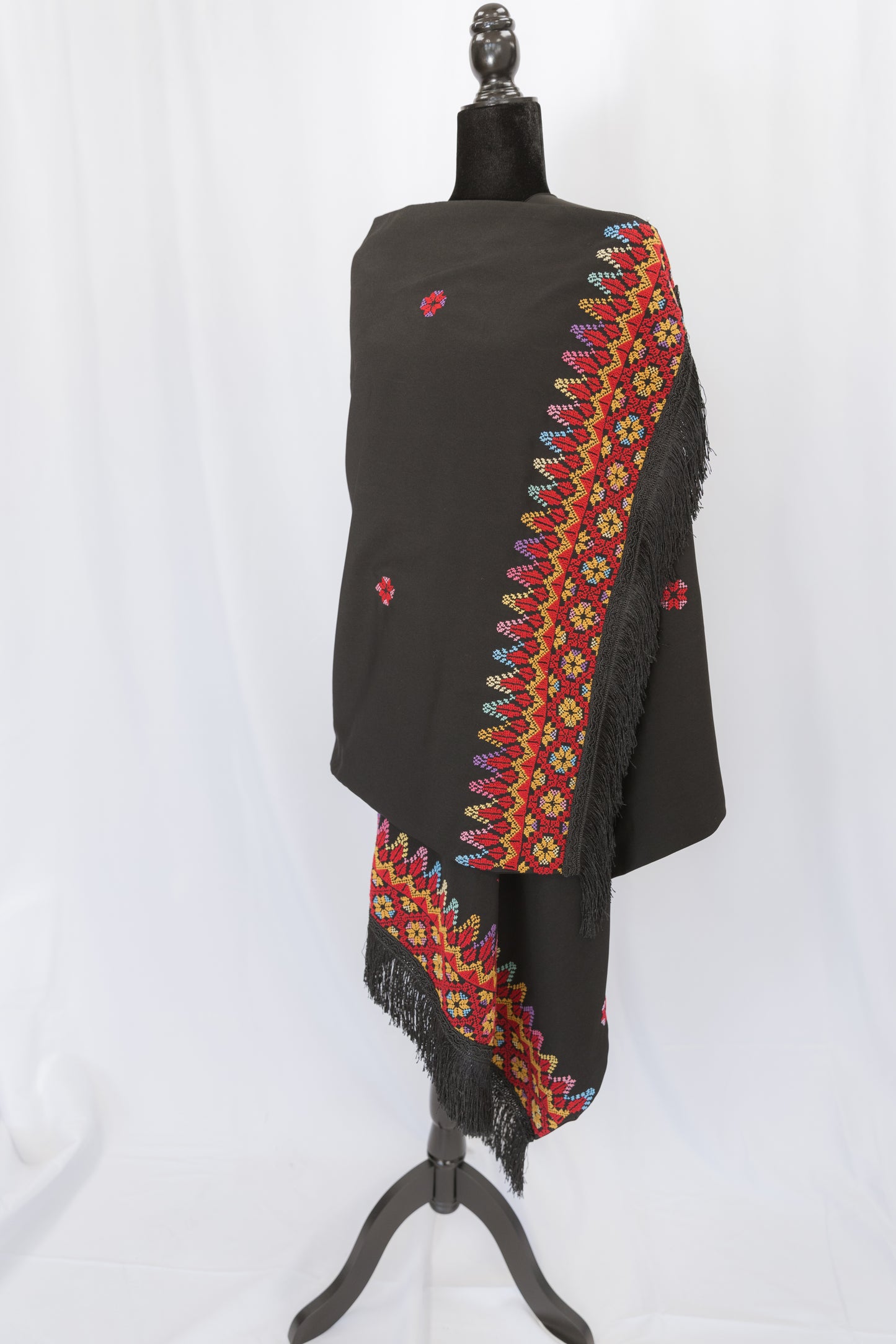 Handmade One-of-a-Kind Black Scarf with Red & Multi-color Tatreez