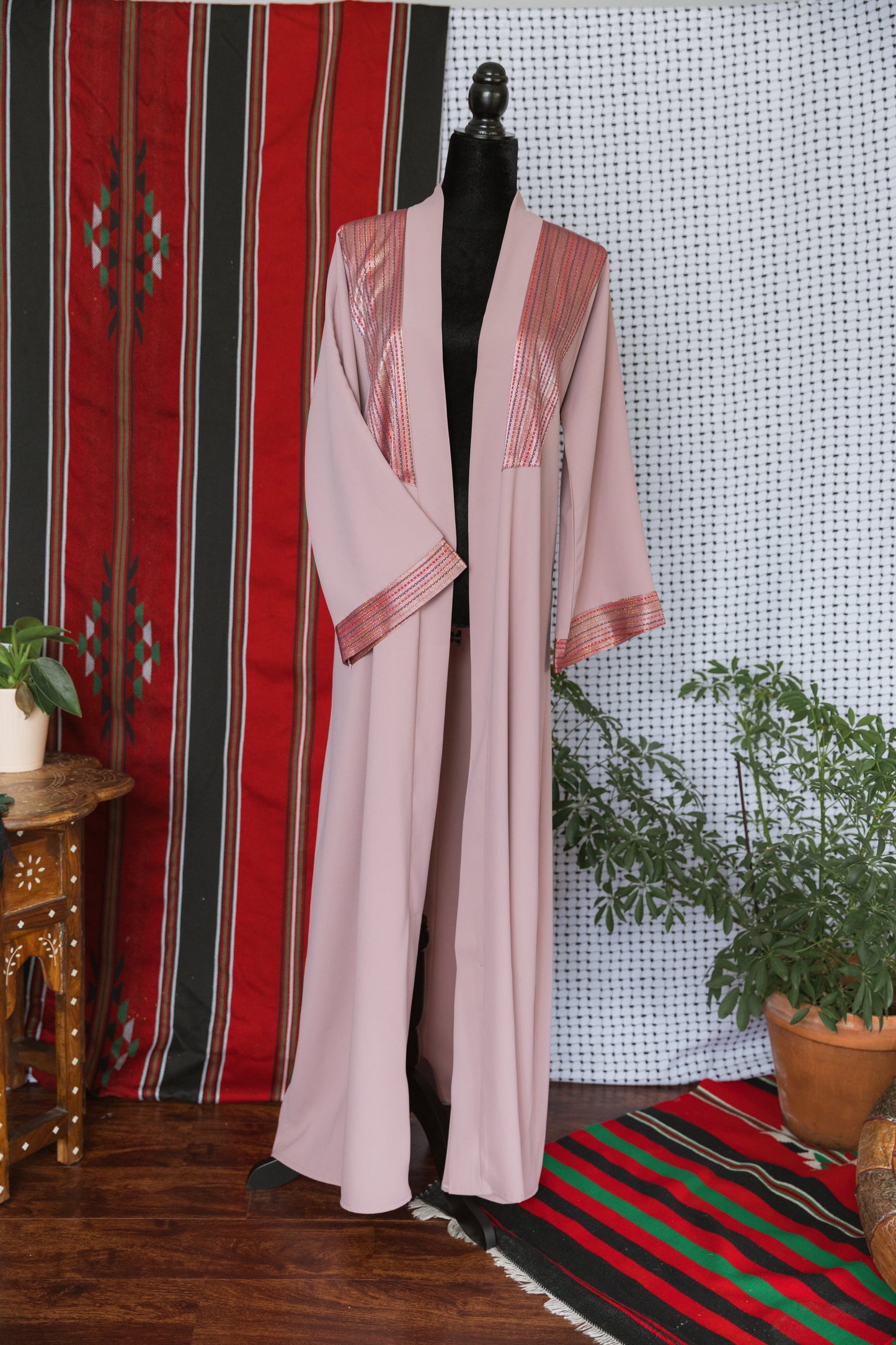 Handmade One-of-a-Kind Open Abaya with saya accents - blush