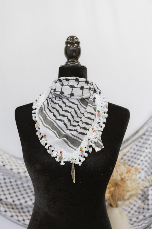 Handmade Kuffiyeh Neck Scarf with Metal Charm-Black & White