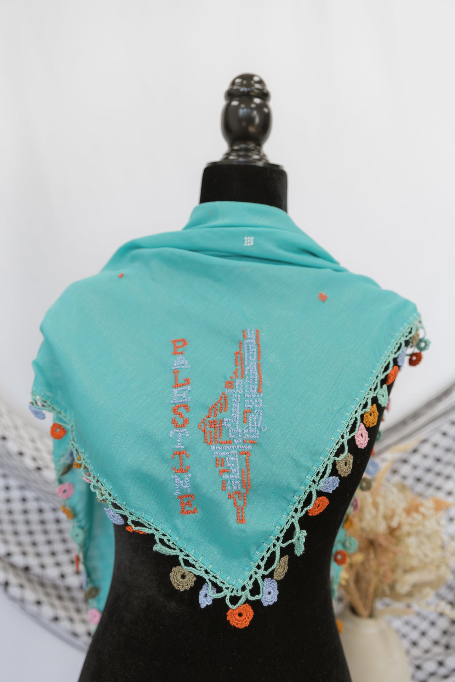 Handmade One-of-a-Kind Crocheted Blue Shoulder Scarf with Tatreez Palestinian Flag