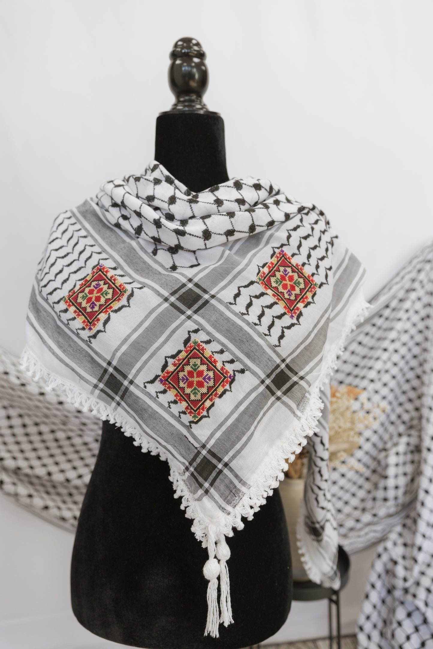 Hand-Stitched Palestinian Keffiyeh with Tatreez accents