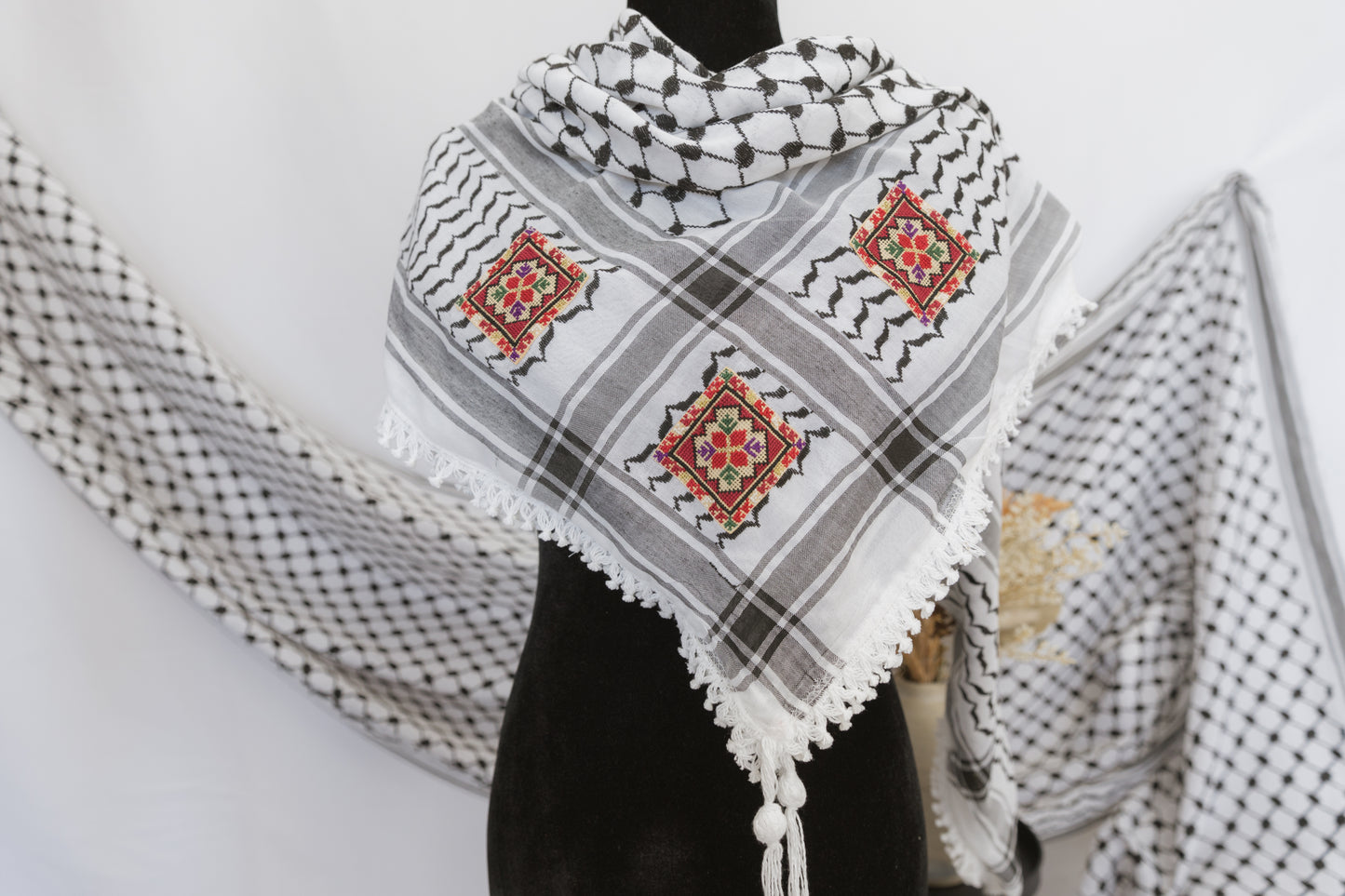 Hand-Stitched Palestinian Keffiyeh with Tatreez accents